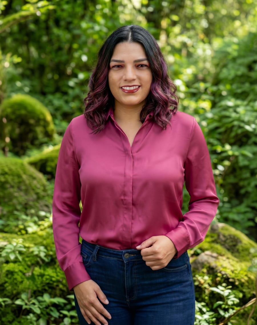 Andrea Vronik con camisa fucsia en un jardín, sonriendo